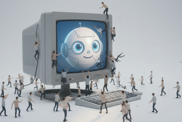 Beeldbuis bot, mini mensen die ernaartoe lopen