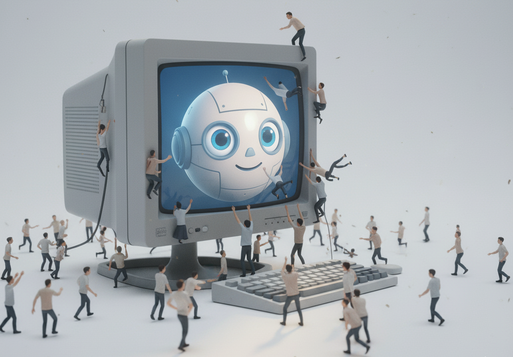 Beeldbuis bot, mini mensen die ernaartoe lopen